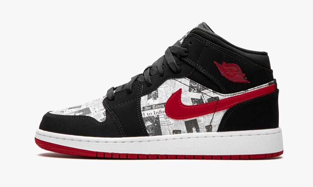 Nike Air Jordan 1 MID SE (GS) "Newspaper" Sko Barn Svarte Rød Hvite | Norge-6957418