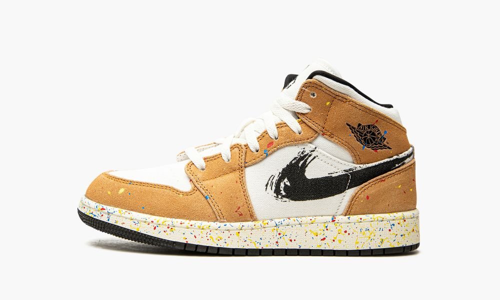 Nike Air Jordan 1 Mid SE GS "Brushstroke" Sko Barn Svarte Hvite Rød Brune | Norge-5307269