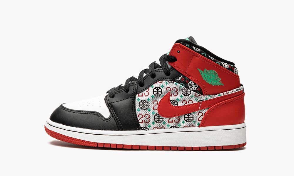 Nike Air Jordan 1 Mid "Ugly Christmas Genser" Sko Barn Rød Svarte Hvite Rød | Norge-8397062